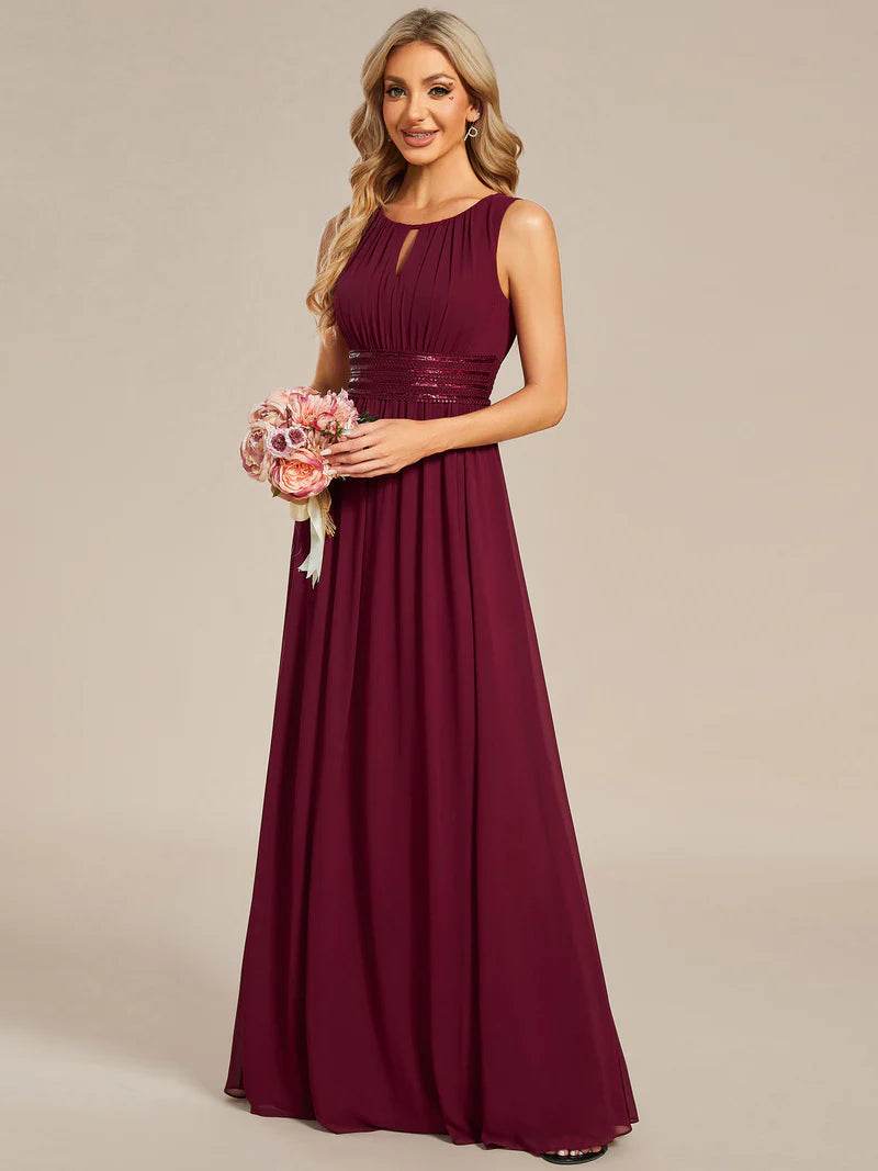 Chiffon Bridesmaid Dress – Maxi Length with Hollow Round Neck Design - Biamonde